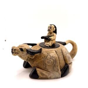 Vintage 70s Tan Brown Carved Shoushan Stone Water Buffalo Scholar Teapot